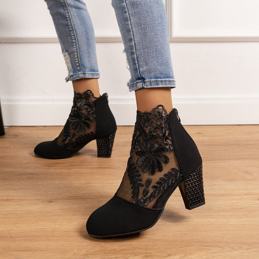 Women's Lace Mesh Chunky Heel Sandals