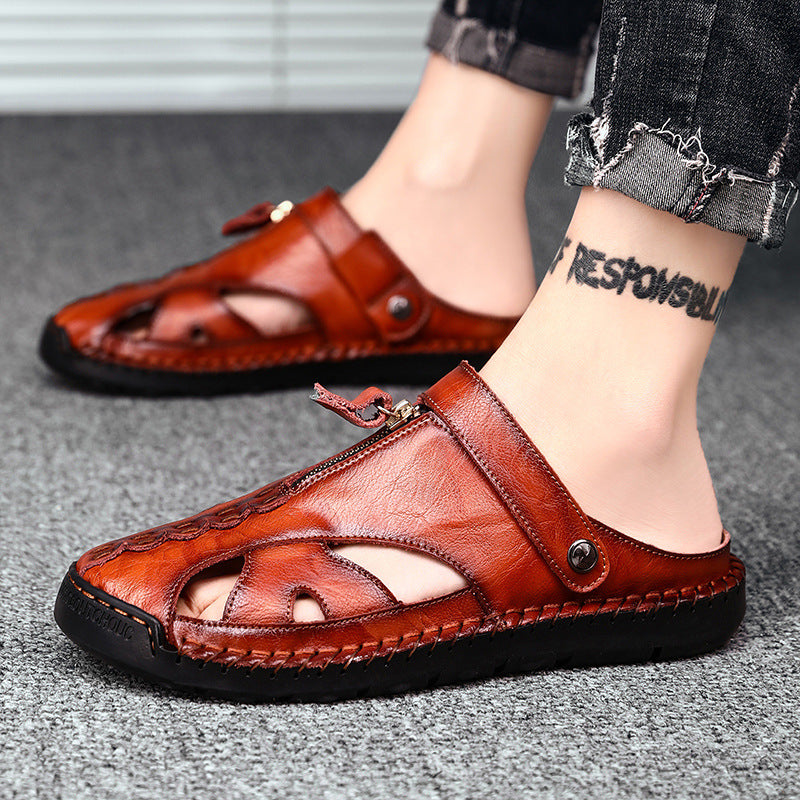 OwenGrid Men's Casual Plain Color Leather Sandals