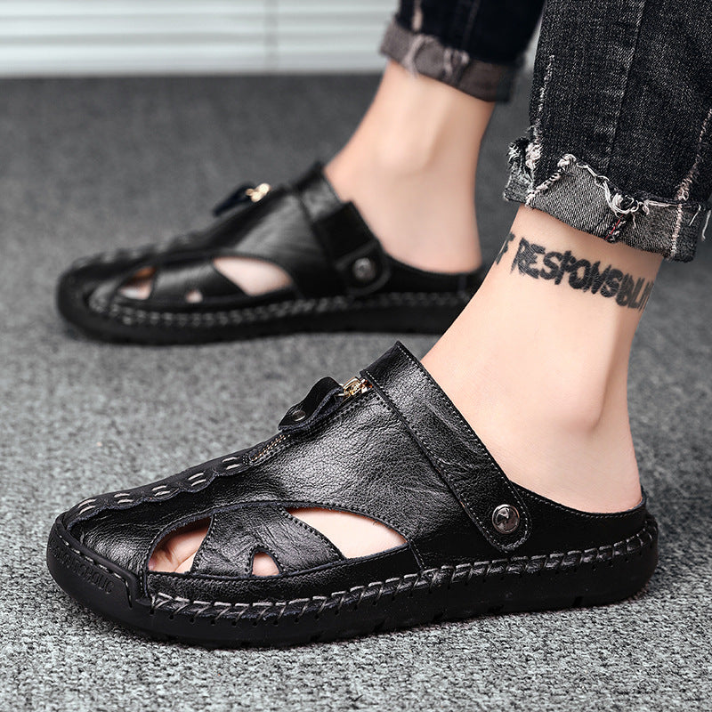 OwenGrid Men's Casual Plain Color Leather Sandals
