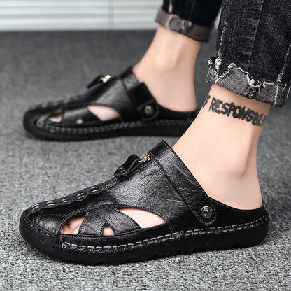 OwenGrid Men's Casual Plain Color Leather Sandals
