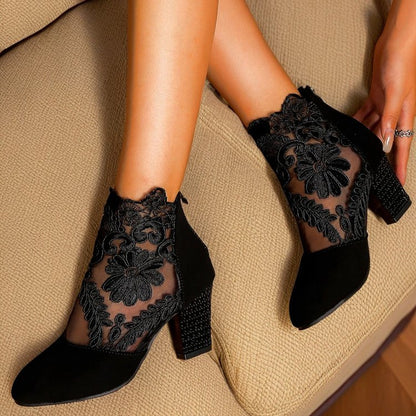 Women's Lace Mesh Chunky Heel Sandals