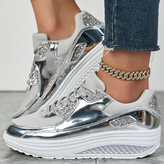 Women's Glitter Lace Up Contrast Mesh Walking Shoes
