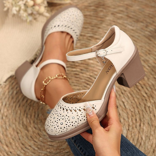 Women's Chunky Heel Hollow Buckle Sandals