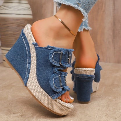 Women's Denim Wedge Slip-On Sandals