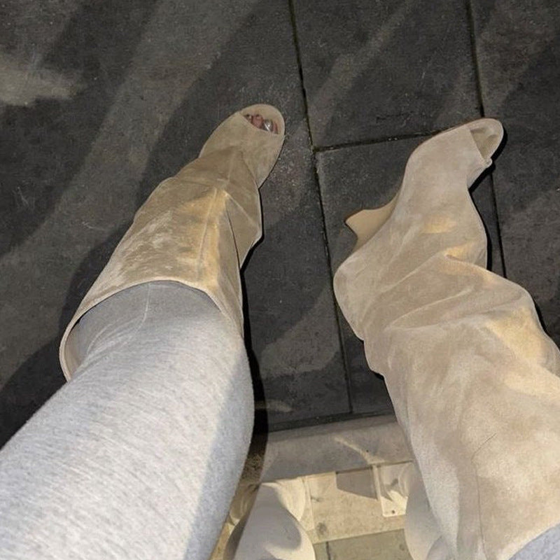 Women's Long Faux Suede Open Toe Boots