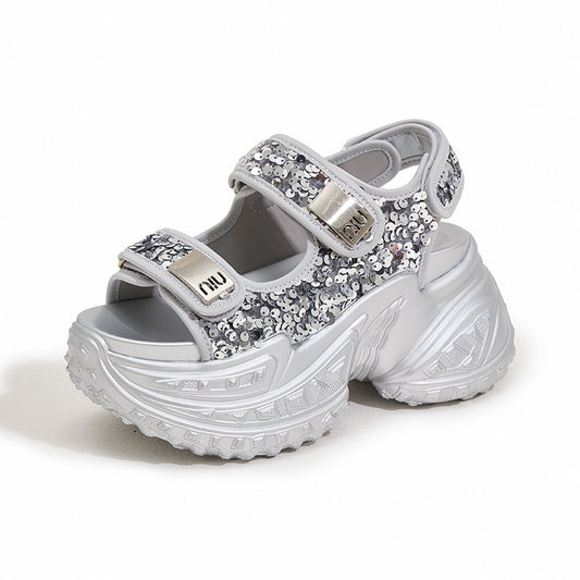 Adjustable Velcro Sandals with Sparkly Sequins & Platform Sole
