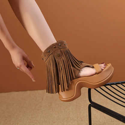 Women's Tassel Rivet Platform Roman Sandal Boots