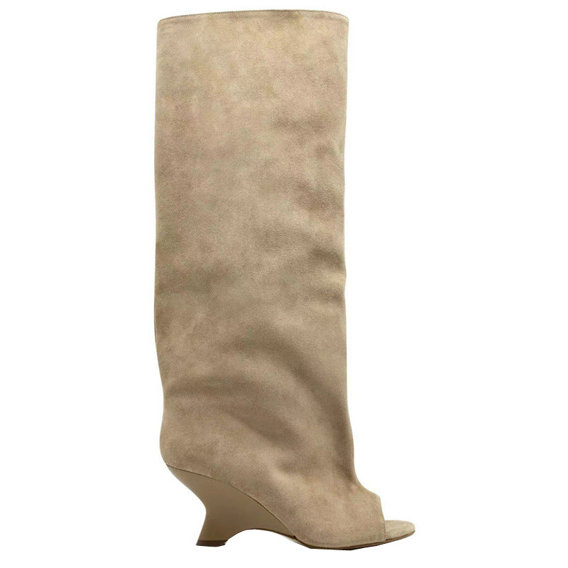 Women's Long Faux Suede Open Toe Boots
