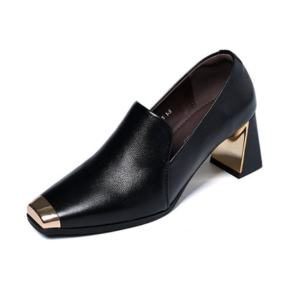 Women's Cowhide Metal Head Thick Heel Shoes