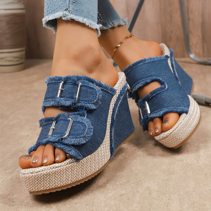 Women's Denim Wedge Slip-On Sandals