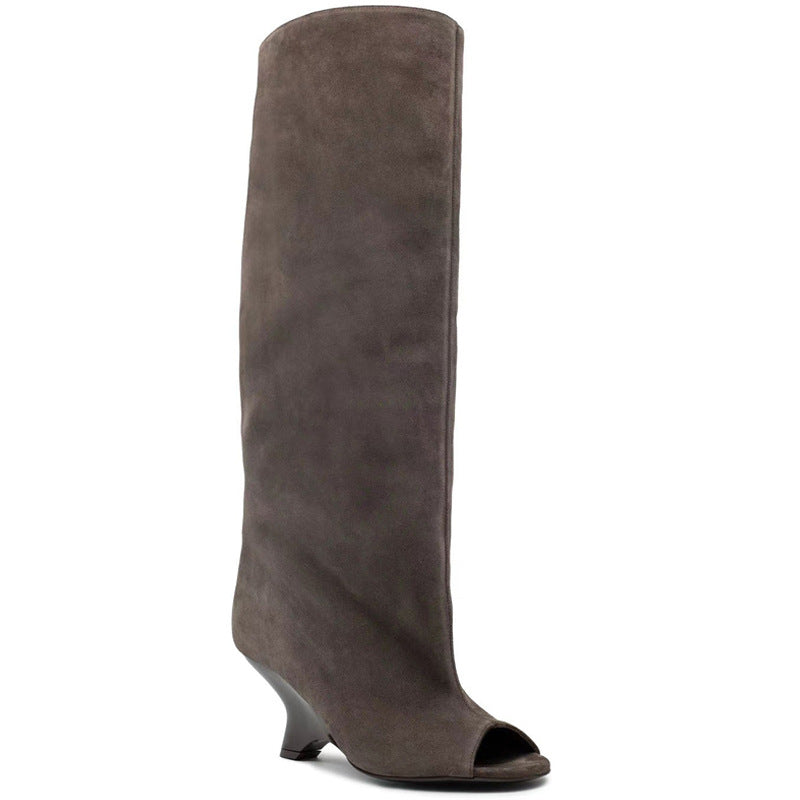 Women's Long Faux Suede Open Toe Boots