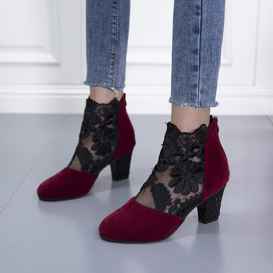 Women's Lace Mesh Chunky Heel Sandals