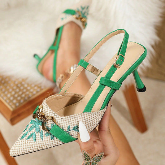 Women's Metal Buckle Embroidered Pointed Toe High Heels