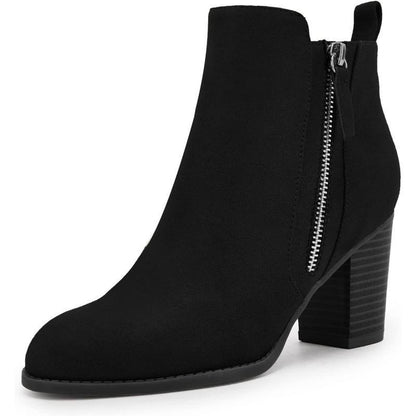 Women's Chunky Block Heel Side Zipper Pointd Toe Suede Ankle Boots
