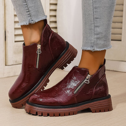 Women's Thick Round Toe Side Zipper Ankle Boots