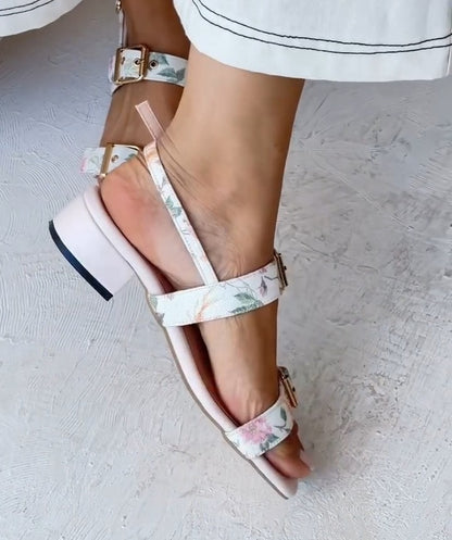 OwenGrid Leather Floral Buckle Elegant Block Heels
