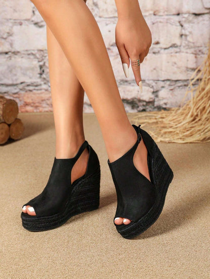 Velvet Fashion Button Closure Slip-On Wedge Sandals