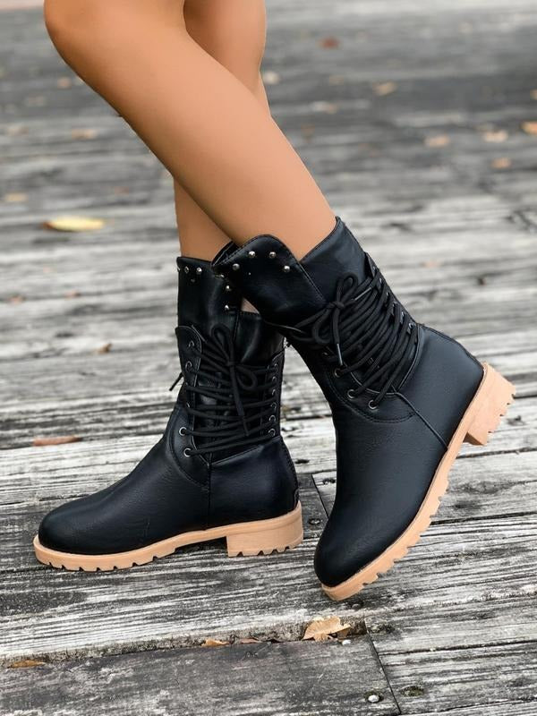 Women's Fashionable Solid Color Lace Up Front Ankle Boots