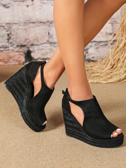 Velvet Fashion Button Closure Slip-On Wedge Sandals