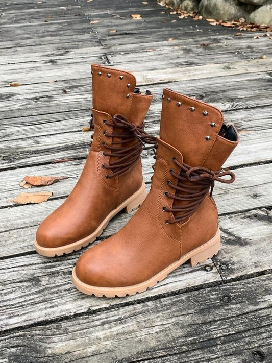 Women's Fashionable Solid Color Lace Up Front Ankle Boots