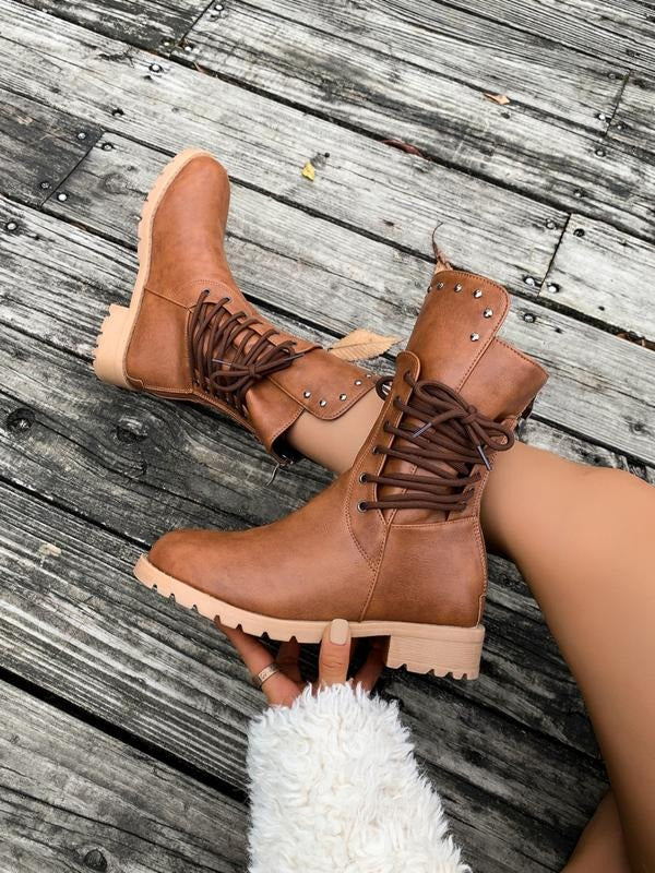 Women's Fashionable Solid Color Lace Up Front Ankle Boots