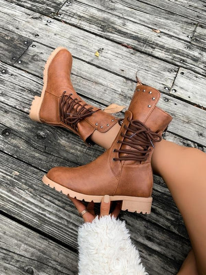Women's Fashionable Solid Color Lace Up Front Ankle Boots