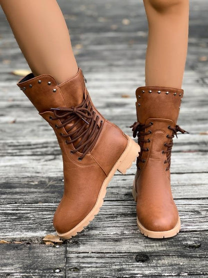 Women's Fashionable Solid Color Lace Up Front Ankle Boots