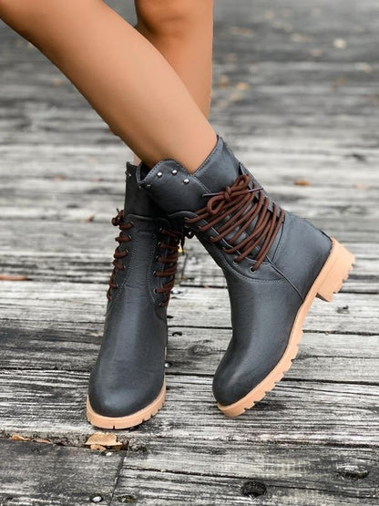 Women's Fashionable Solid Color Lace Up Front Ankle Boots