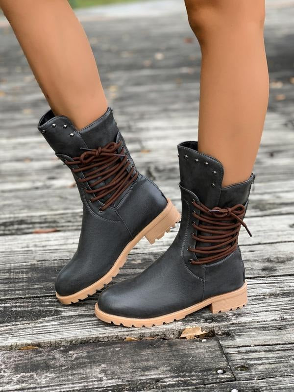 Women's Fashionable Solid Color Lace Up Front Ankle Boots