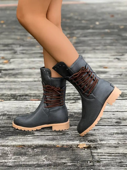 Women's Fashionable Solid Color Lace Up Front Ankle Boots