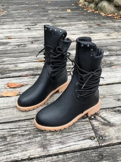 Women's Fashionable Solid Color Lace Up Front Ankle Boots