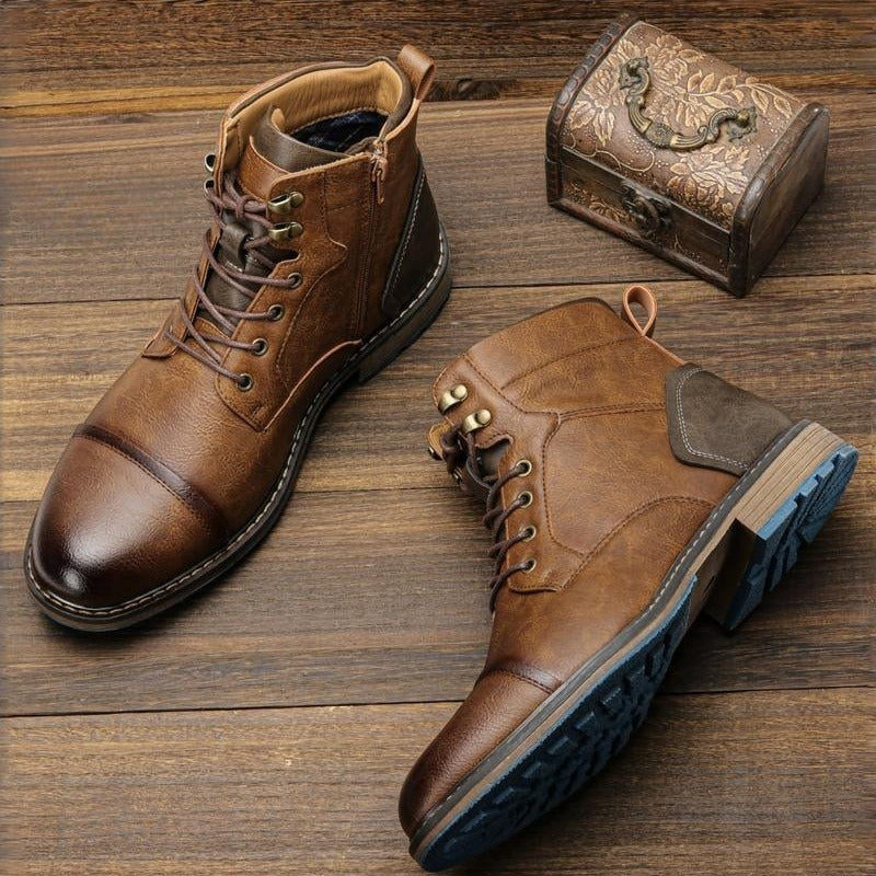 OwenGrid Men's Fashionable Lace Up Retro Zipper Mid-calf Boots