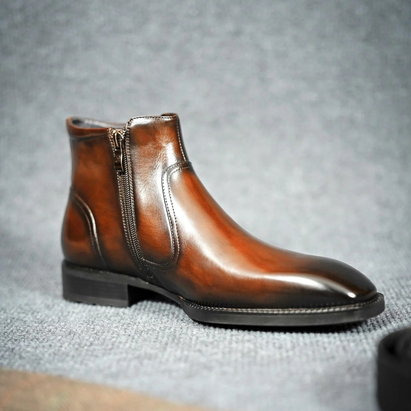 OwenGrid Men's Black Zipper Premium Full-Grain Leather Chelsea Boots
