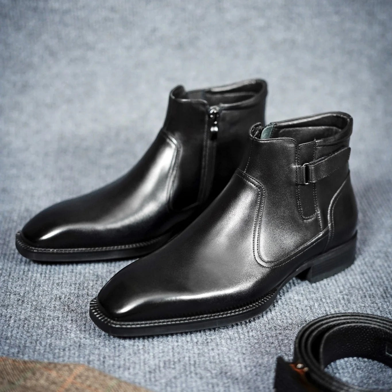 OwenGrid Men's Black Zipper Premium Full-Grain Leather Chelsea Boots