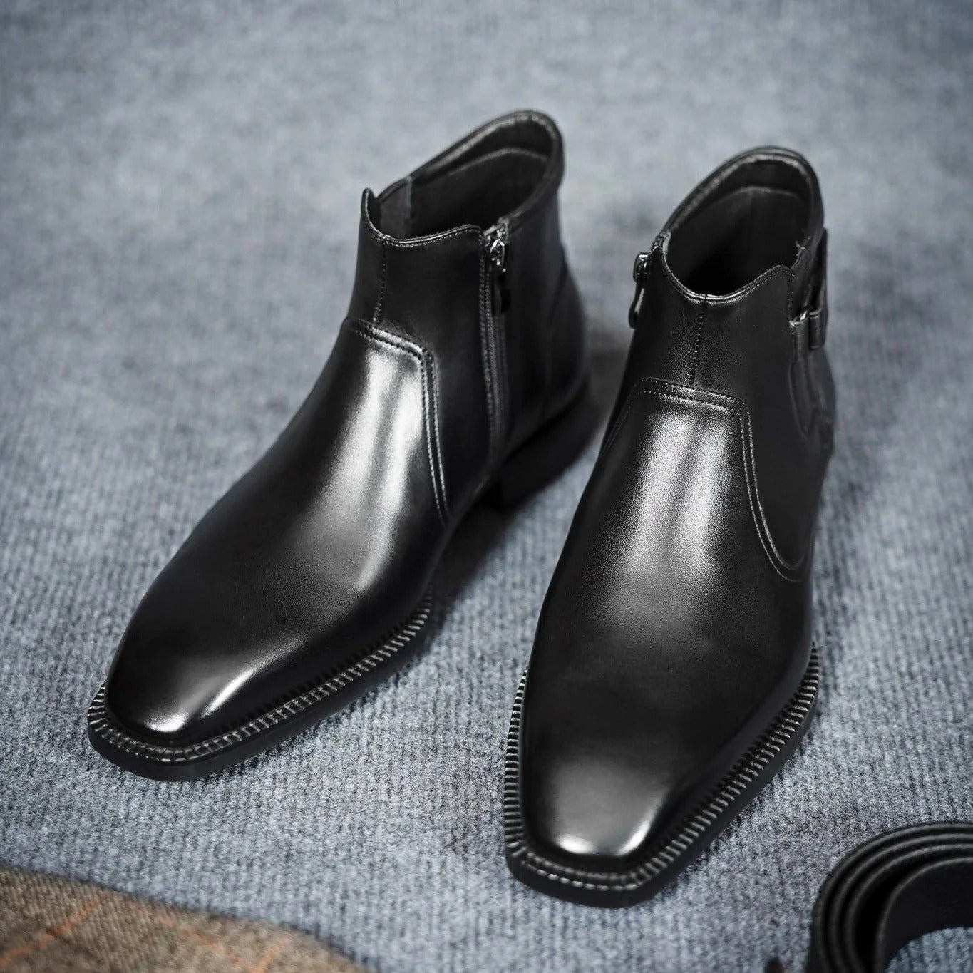 OwenGrid Men's Black Zipper Premium Full-Grain Leather Chelsea Boots