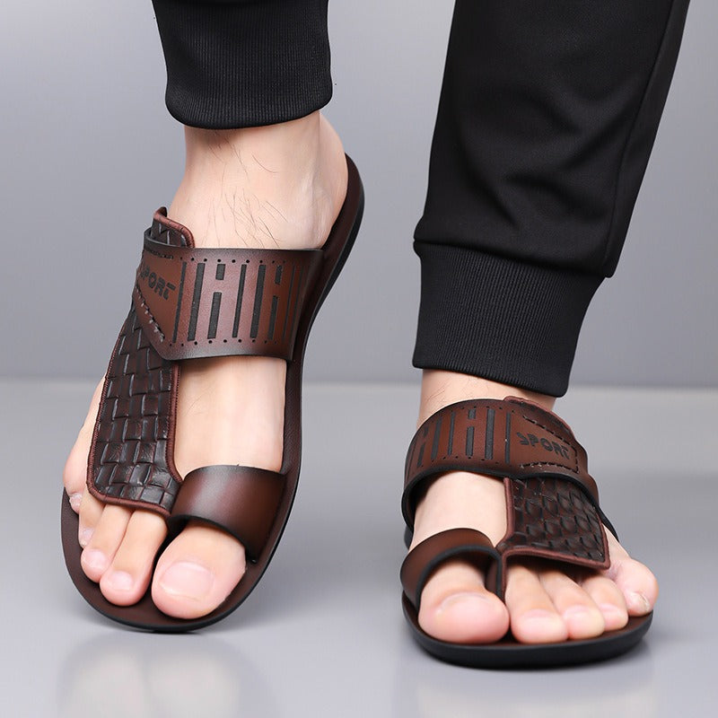 OwenGrid  Men's Letter Print Straw-Texture Trendy Sandals