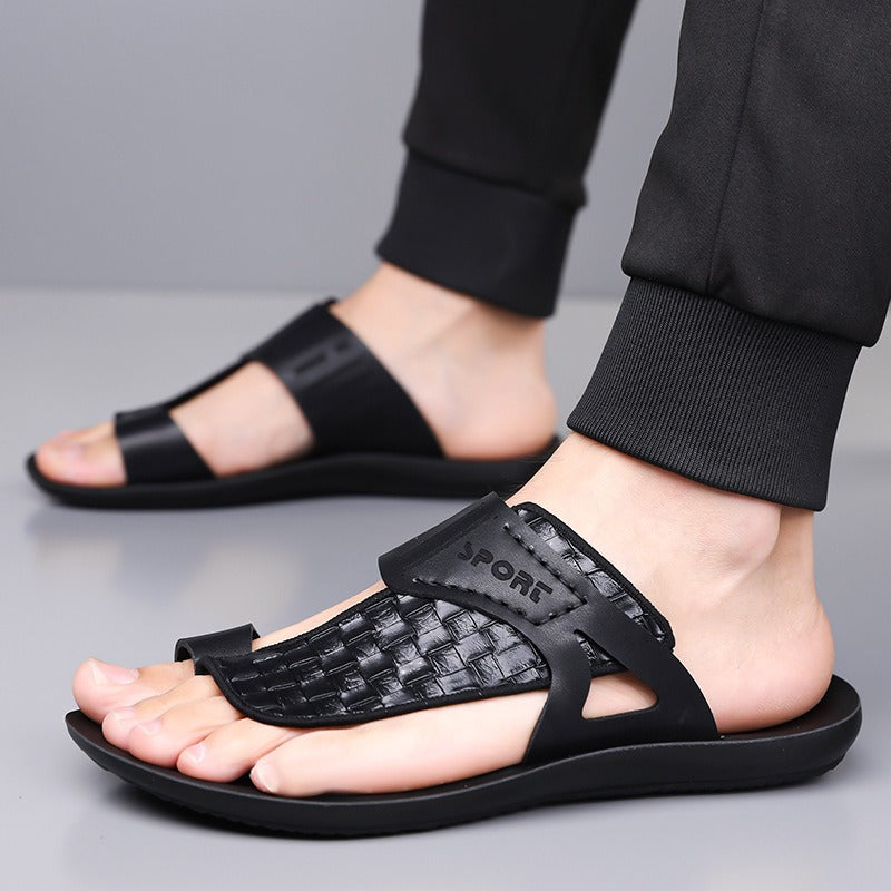 OwenGrid  Men's Letter Print Straw-Texture Trendy Sandals