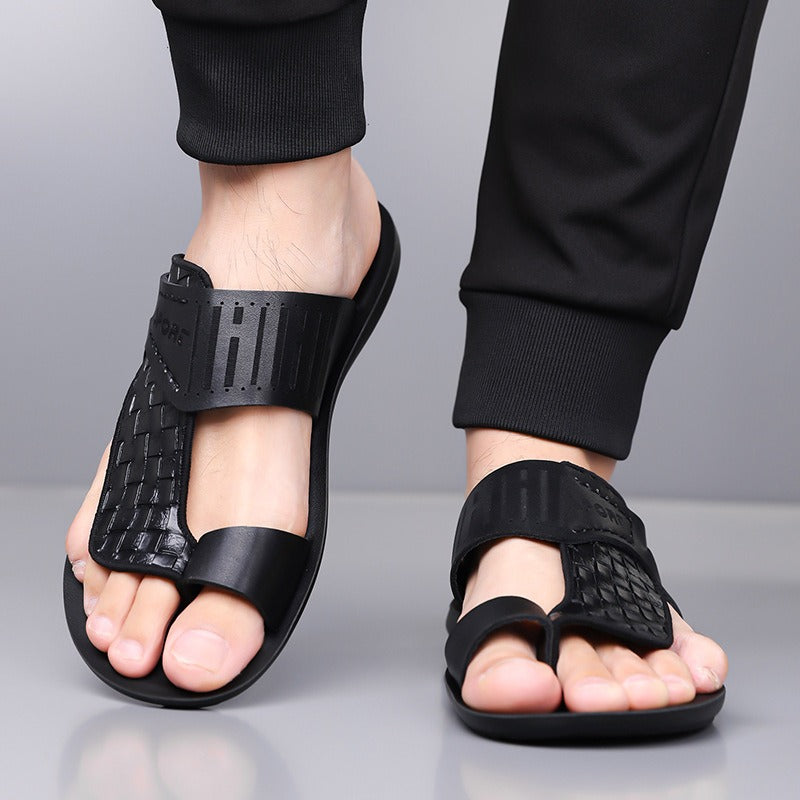 OwenGrid  Men's Letter Print Straw-Texture Trendy Sandals