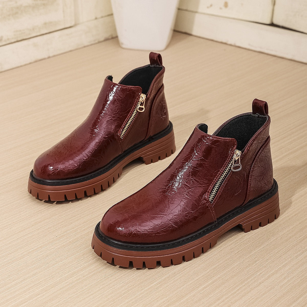 Women's Thick Round Toe Side Zipper Ankle Boots