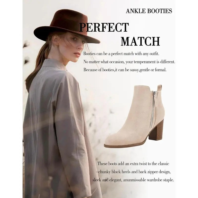 Women's Chunky Block Heel Side Zipper Pointd Toe Suede Ankle Boots