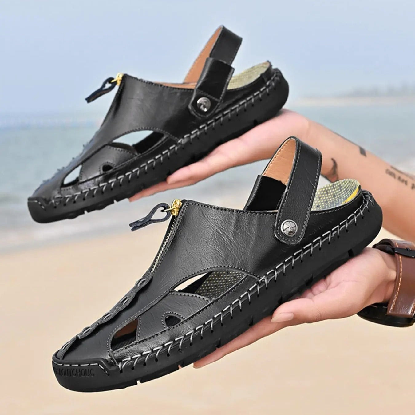 OwenGrid Men's Casual Plain Color Leather Sandals