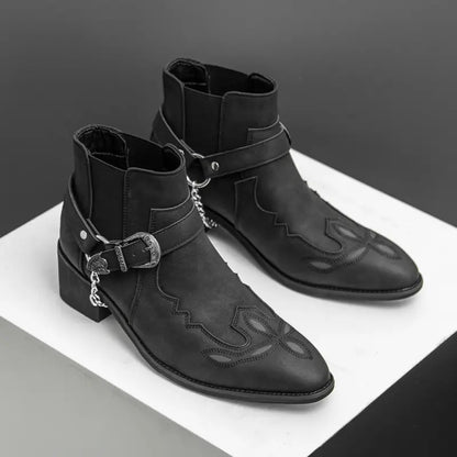 Men's Square Toe Chunky Heel Embroidered Ankle Boots
