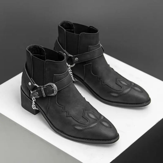 Men's Square Toe Chunky Heel Embroidered Ankle Boots
