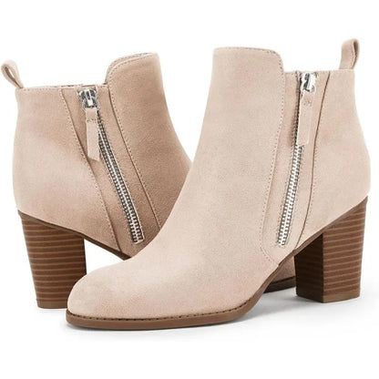 Women's Chunky Block Heel Side Zipper Pointd Toe Suede Ankle Boots
