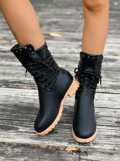 Women's Fashionable Solid Color Lace Up Front Ankle Boots