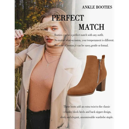 Women's Chunky Block Heel Side Zipper Pointd Toe Suede Ankle Boots