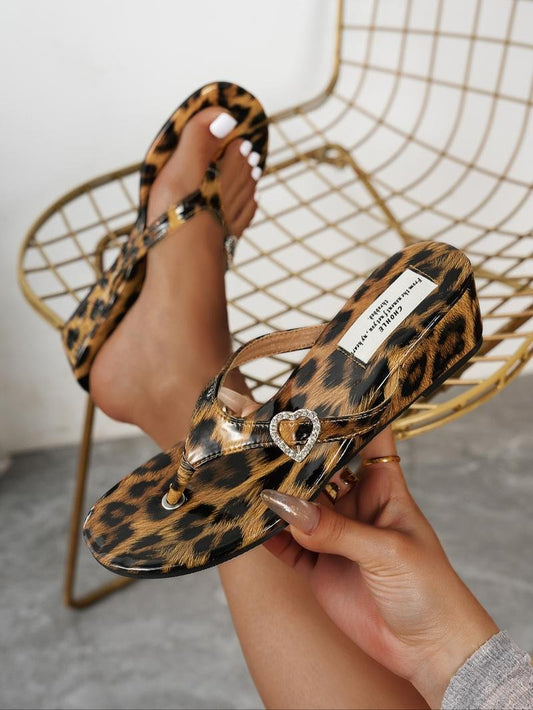 Women's Leopard Print Heart Decorated Slide Sandals